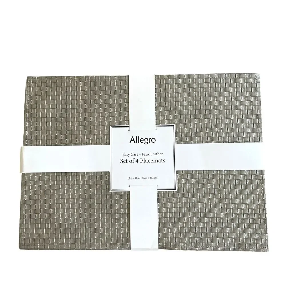 Allegro Metallic Silver Faux Leather Placemats 13x18 Set of 4 Holiday Glam NEW